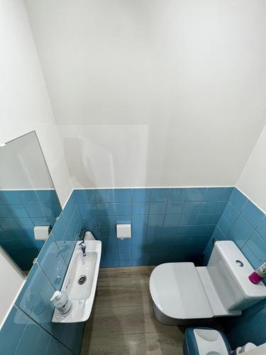 baño azul y blanco con aseo y lavamanos en Zelzate dichtbij Gent-Brugge, en Philippine