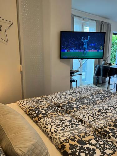 Luxury Apartment Vorstetten في Vörstetten: غرفة نوم مع سرير وتلفزيون بشاشة مسطحة على الحائط
