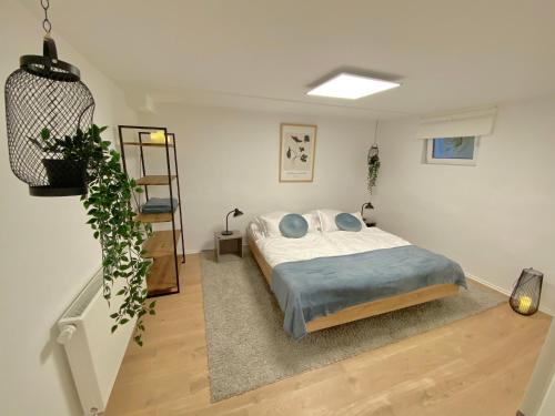 - une chambre avec un lit et des oreillers bleus dans l'établissement 75qm mit eigenem Bad, Küche, Wohn- u Schlafzimmer, à Herborn