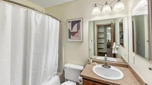 y baño con lavabo, aseo y espejo. en Landing Modern Apartment with Amazing Amenities (ID1017X869), en White Bear Lake