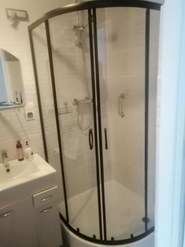 y baño con ducha y lavamanos. en Apartament szafirowa25 pietro1, en Kołobrzeg