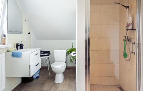 La salle de bains est pourvue d'une douche et de toilettes. dans l'établissement Stunning Apartment In Spytkowice With Kitchen, à Spytkowice