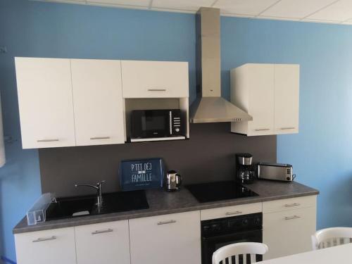 une cuisine avec des armoires blanches, un évier et un micro-ondes dans l'établissement Magnifique logement vue mer : BELLE ILE, à La Bernerie-en-Retz