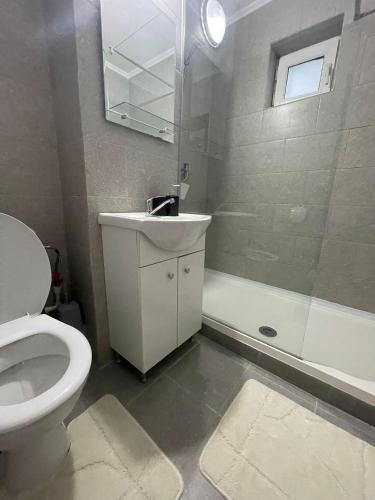 a bathroom with a toilet and a sink and a shower at Enjoy Apartment Barlad in Bîrlad