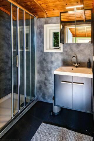 a bathroom with a sink and a shower at Tinyhouse De Woord in Corle