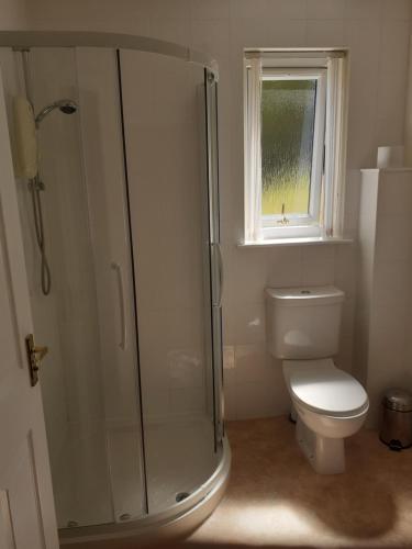 a bathroom with a shower and a toilet and a window at Elmbank house in Spittal