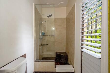 a bathroom with a shower and a toilet at Hospitality Expert McCartney - Tour Pool Bar Beach in Montego Bay