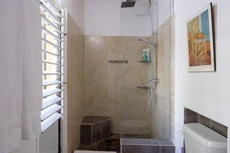 a bathroom with a shower and a toilet at Hospitality Expert Jagger - Tour Pool Bar Beach in Montego Bay