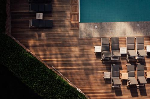 an overhead view of chairs and a swimming pool at Talbooth House & Spa in Dedham