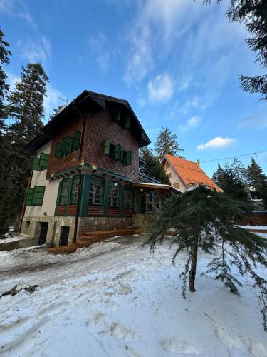 a large wooden house with snow on the ground at Villa Adis with Hot Pool & Jacuzzi by BookVillaBG in Borovets