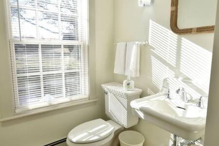 a bathroom with a toilet and a sink and a window at Beautiful Water Views Dogs Welcome in Truro