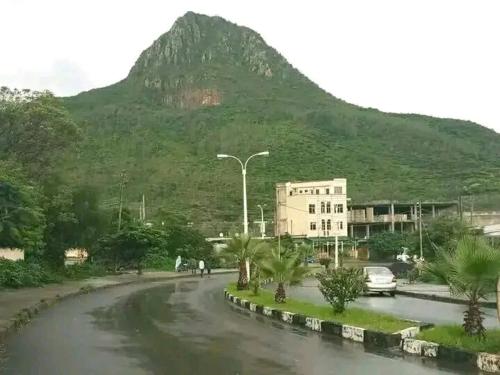 a winding road with a mountain in the background at Airbnb in Mekʼelē