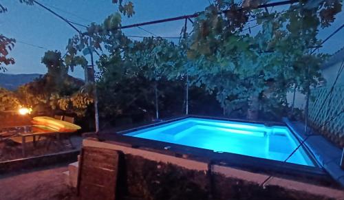 a swimming pool in a backyard at night at Quinta Vista do Vale in Prova