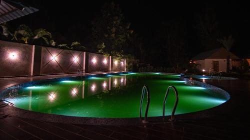 a swimming pool with green illumination at night at Dandeli Nature Resort in Dandeli