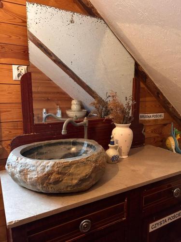 łazienka z dużą kamienną umywalką na ladzie w obiekcie Uroczysko Grabowiec w mieście Grabowiec