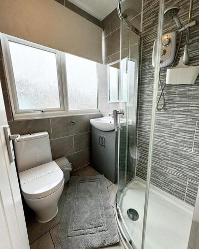 a small bathroom with a toilet and a shower at 247a South Shore Pet friendly in Bridlington