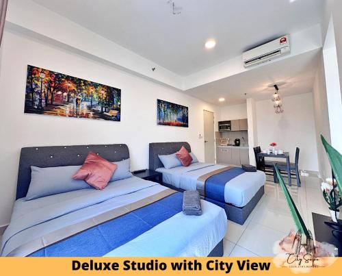 a hotel room with two beds and a kitchen at Trion @ Kuala Lumpur near KLCC TRX by Cityscape in Kuala Lumpur