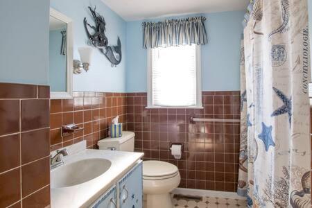 a bathroom with a sink and a toilet and a window at Central AC Close to Beach Dog Friendly! in Chatham