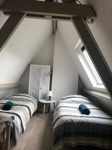 Cette chambre mansardée comprend 2 lits et 2 fenêtres. dans l'établissement Le cottage, à Villers-sur-Mer