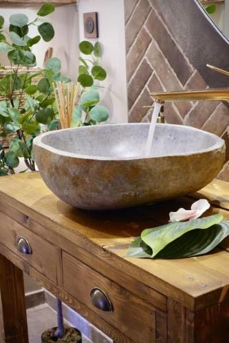 a stone bowl on top of a wooden table with a plant at BALI DREAM, pour une escapade inoubliable! in Grenoble