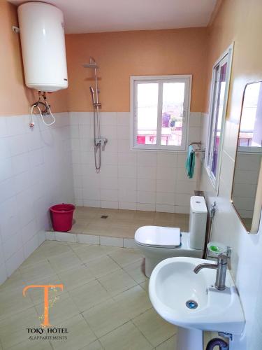 ein Bad mit einem WC und einem Waschbecken in der Unterkunft TOKY Hôtel in Antsirabe