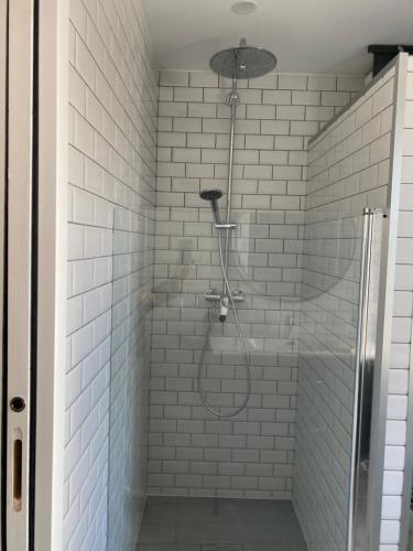une salle de bain avec une douche avec pommeau de douche dans l'établissement LE CABANON DE MARIUS, à Six-Fours-les-Plages