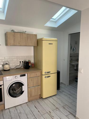 Il comprend une cuisine équipée d'un réfrigérateur jaune et d'un lave-linge. dans l'établissement LE CABANON DE MARIUS, à Six-Fours-les-Plages
