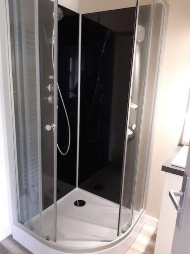 une douche avec une cabine en verre dans une salle de bain dans l'établissement Petite maison proche plage 2/4 p, à La Bernerie-en-Retz