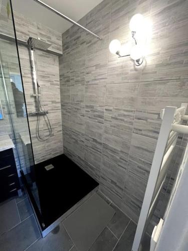 une salle de bain avec une douche avec une porte vitrée dans l'établissement Cosy Apartment with Private Parking, à Saulx-les-Chartreux