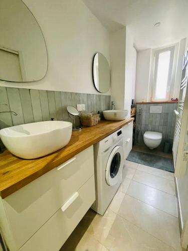 une salle de bain avec un lavabo et une machine à laver dans l'établissement Paris : Charming 40m² apartment in Nation, à Paris