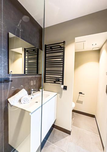a bathroom with a white sink and a mirror at Mr.Bernard Vakantie Appartementen in De Panne