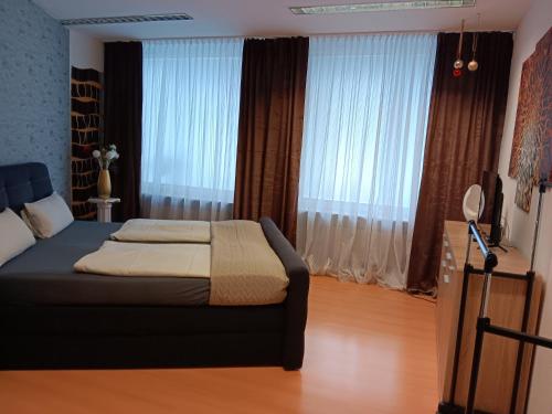 a bedroom with a bed and a large window at Ferienwohnung mit Whrpool in Koblenz