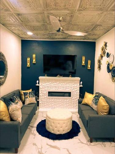 a living room with two couches and a fireplace at Beautiful Queen Luxury Suite Near Downtown Norfolk in Norfolk