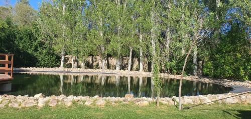 a pond in a park with a bench and trees at Hotel rural Finca Vivaldi Nature & Spa in San Miguel de las Dueñas