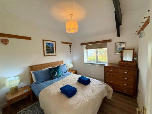 a bedroom with a bed with blue pillows on it at Polrunny Farm Seaberry Cottage with a sea view and log burner in Boscastle