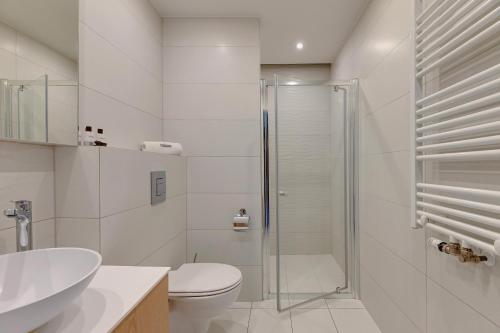 a bathroom with a shower and a toilet and a sink at Dom & House - Apartments Angielska Grobla - Self Check-in in Gdańsk
