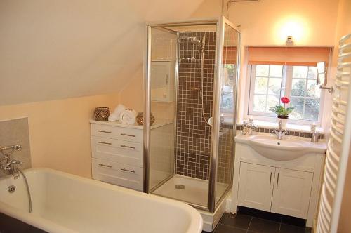 a bathroom with a shower and a tub and a sink at Minafon near Barmouth in Llanaber
