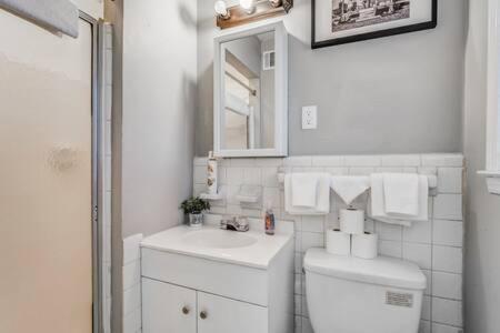 a bathroom with a toilet and a sink and a mirror at Mins from Parks Hiking & Dining- Brick Bungalow in Memphis