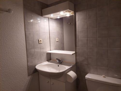 une salle de bain avec un lavabo, des toilettes et un miroir dans l'établissement Charmant studio avec balcon et parking, centre et thermes à 500m - FR-1-512-96, à Brides-les-Bains