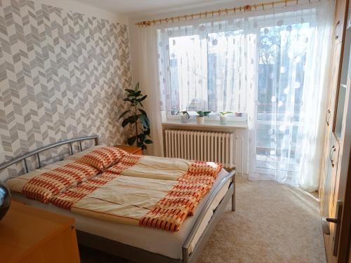 a bedroom with a bed in front of a window at Apartmán Kolářová in Klatovy