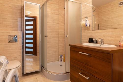 ein Badezimmer mit Dusche, Waschbecken und Toilette in der Unterkunft Apartamenty Rozewie in Jastrzębia Góra