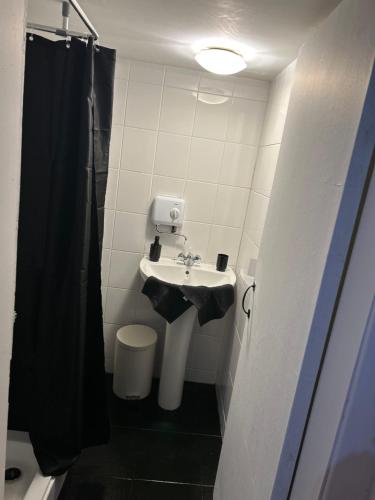 a small bathroom with a sink and a toilet at Alexander Greek Thomson Apartment in Glasgow