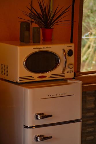 a microwave sitting on top of a refrigerator at Serenity at Natura in Magnolia