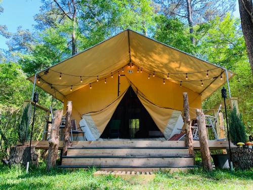a tent at a wedding in the woods at Serenity at Natura in Magnolia