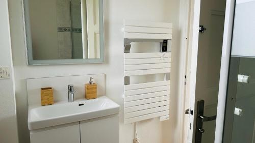 ein Badezimmer mit Waschbecken und Spiegel in der Unterkunft Appartement la capitainerie in Cayeux-sur-Mer