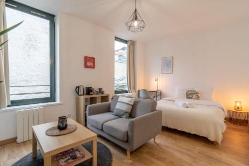 1 dormitorio con 1 cama, 1 sofá y 1 silla en Lille Centre - Nice & functional studio en Lille