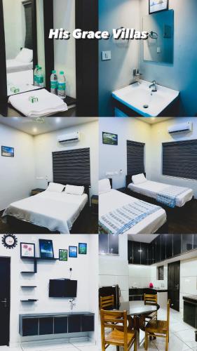 a collage of four pictures of a room with beds and a sink at His grace villas in Kottakkal