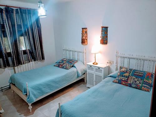 a bedroom with two beds and a table with a lamp at CASA JUNTO AL PARQUE NATURAL DE LAS BARDENAS in Sádaba