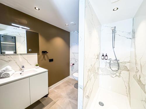 a bathroom with a shower and a sink at Mr.Bernard Vakantie Appartementen in De Panne