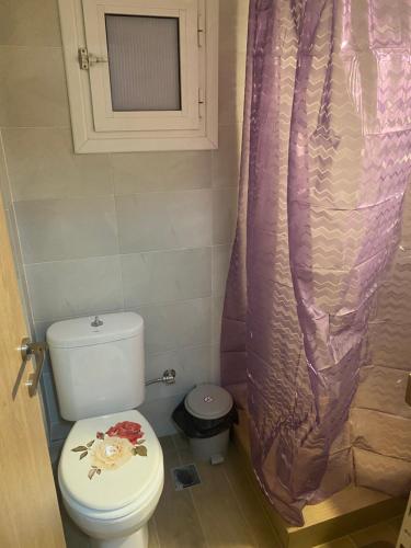Asvestokhórion的住宿－Dimitris Rooms，浴室设有卫生间和粉红色的淋浴帘